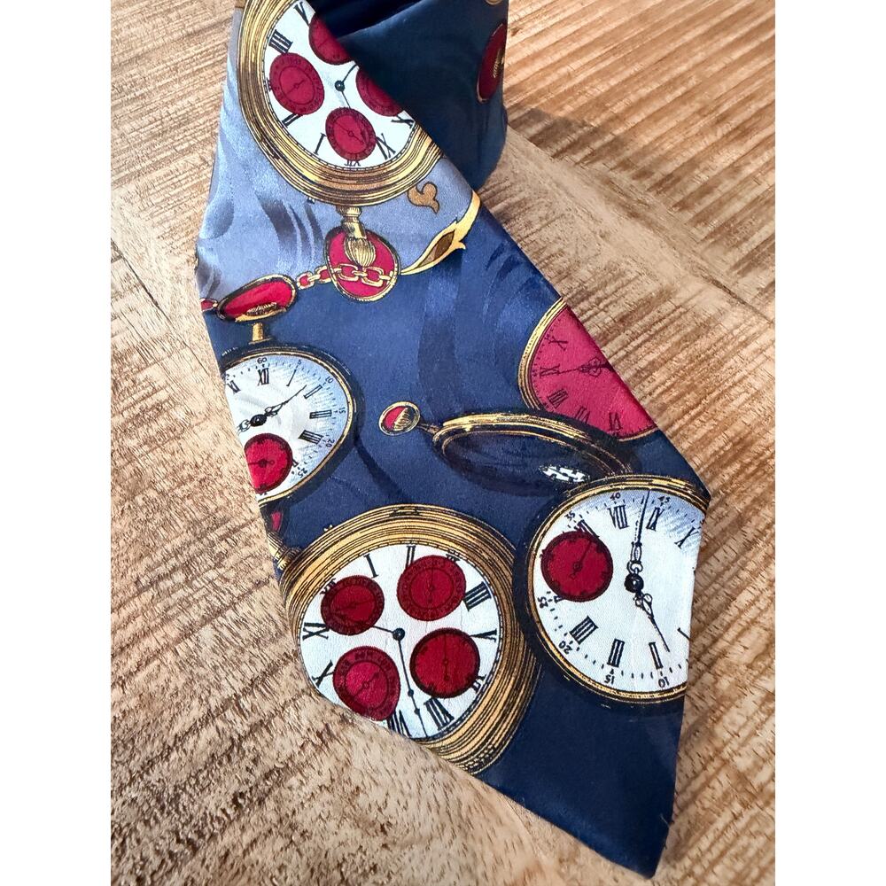 Benchmark Silk Tie Pocket Watch Clock Navy Red Gold Vintage‎ USA